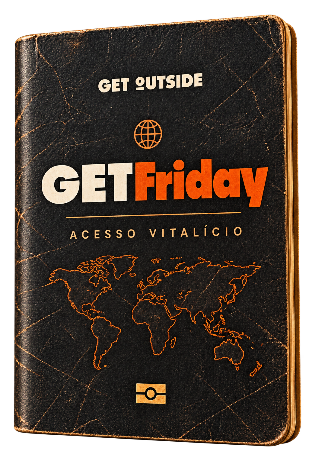 Passaporte GETFriday de couro escuro, com a inscrição acesso vitalício